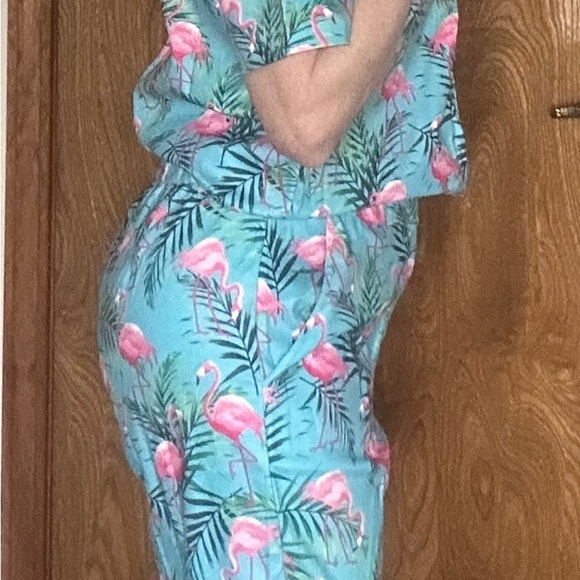 Flamingo‎ Print Aqua & Pink Jumpsuit Size M - Picture 7 of 13
